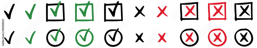Hand drawn checkmark and X mark icon. Check and uncheck icon vector ...