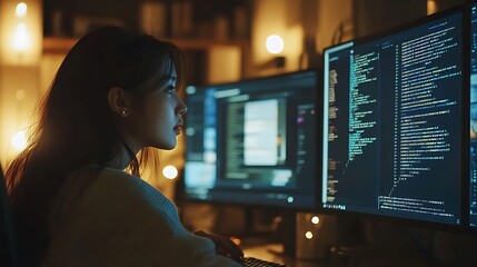 two tech developers collaborating at their desks, illuminated by the glow of multiple computer monit