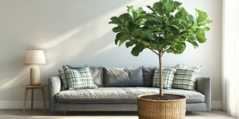 Wall Mural - A large fiddle leaf fig tree in a woven basket stands in front of a gray sofa with plaid pillows in a living room with natural light.