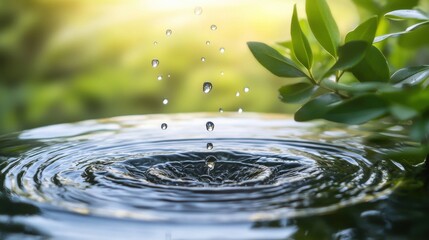 Wall Mural - Close-up of water droplets falling with greenery in soft sunlight