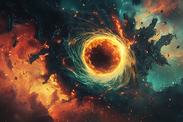 Wall Mural - cosmic scene depicting a swirling black hole surrounded by colorful gases.