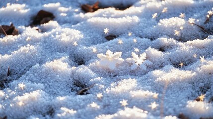 Poster - A delicate snowflake rests on a bed of fresh snow, illuminated by the warm glow of the sun, surrounded by other snowflakes.