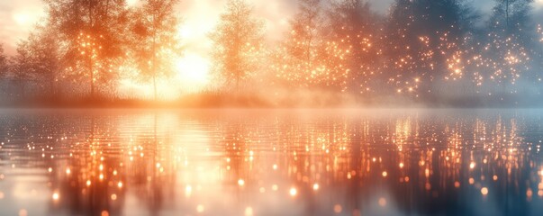 Sticker - Serene sunset over a misty lake with glowing reflections and trees in the background.