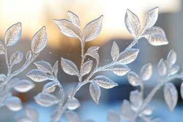 Poster - Frost-covered window pane with leaves pattern, creating a beautiful winter scene.