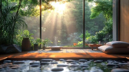 Wall Mural - Serene indoor space with sunlight, plants, and a tranquil water feature.