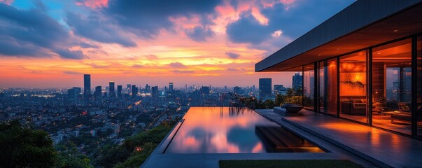 Canvas Print - A stunning sunset view from a modern house overlooking a city skyline and infinity pool.