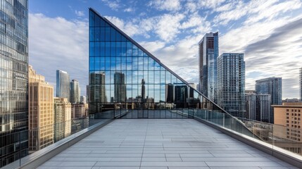 Canvas Print - A modern rooftop terrace with a striking angular design and city skyline reflections.