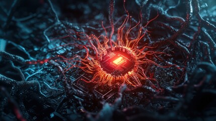 Poster - Futuristic environment with glowing microchip an innovative digital art concept in tech awareness
