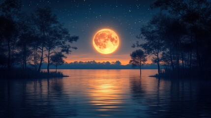 Sticker - A serene night scene featuring a full moon reflecting on a calm lake surrounded by trees.