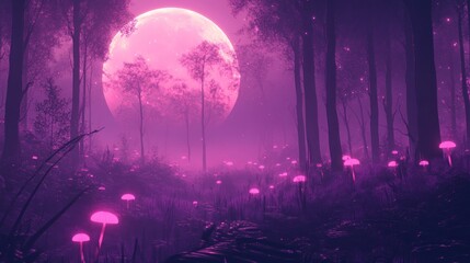 Canvas Print - A mystical forest illuminated by a large pink moon and glowing mushrooms.