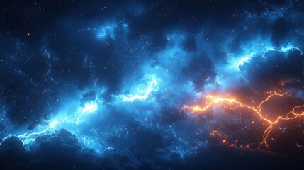 Wall Mural - a vibrant depiction of cosmic clouds with electric blue and orange lightning effects.