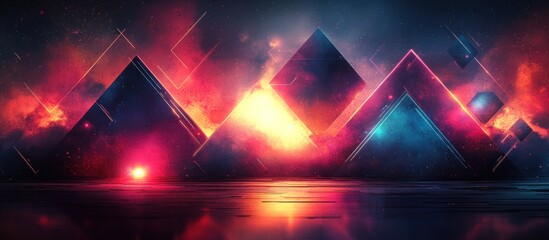 Wall Mural - A vibrant digital landscape featuring glowing pyramids and cosmic elements.
