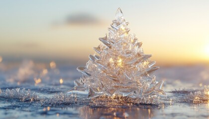 Poster - A crystal clear ice tree sculpture stands tall on a frozen lake at sunrise.