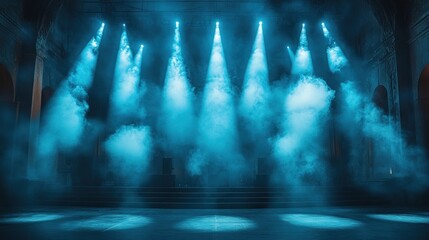 Wall Mural - A stage illuminated by blue lights and smoke, creating a dramatic atmosphere for performances.