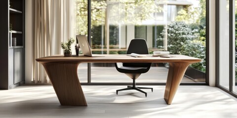 Wall Mural - Modern wooden desk with a black office chair in a bright home office.