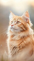 Poster - Fluffy orange cat gazing peacefully in soft golden sunlight outdoors