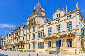 Grand Ducal Palace Groussherzogleche Palais Flemish Renaissance architecture style building in Luxembourg City historical centre Ville Haute quarter in sunny summer day with blue sky