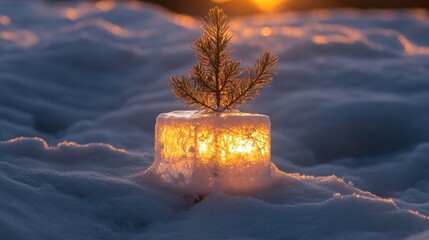 Poster - A small pine tree growing out of a block of ice glows with warm light in the snow at sunset.