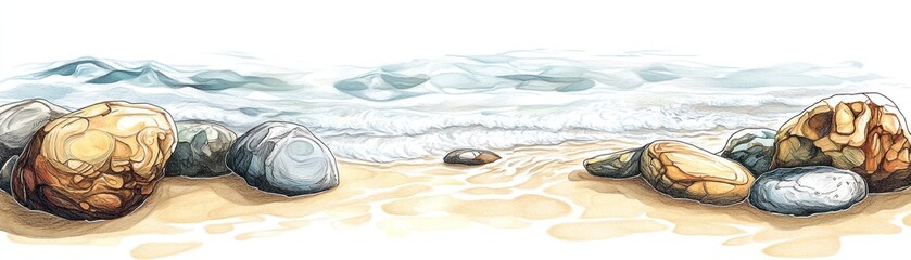 Wall Mural - A serene beach scene with smooth rocks and gentle waves lapping at the shore.