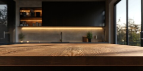 Wall Mural - Wooden Countertop in Modern Kitchen with Window View.