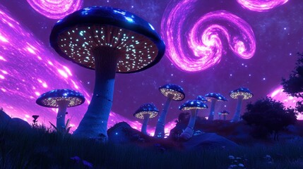 Wall Mural - a surreal landscape featuring glowing mushrooms under a vibrant cosmic sky.