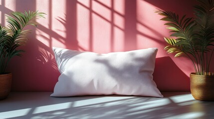 Wall Mural - A serene corner featuring a soft pillow and decorative plants casting shadows on a pink wall.