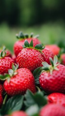 Wall Mural - Fresh strawberries arranged on a table showcasing their vibrant color and texture