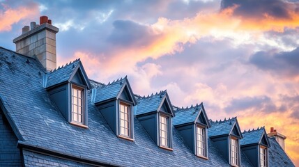 Canvas Print - Rooftop view showcasing architectural details against a colorful sunset sky.