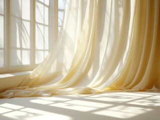 Wall Mural - Sunlight streams through a window, illuminating a white curtain with soft shadows on the floor.