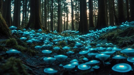 Canvas Print - A serene forest scene illuminated by glowing mushrooms, creating a mystical atmosphere.