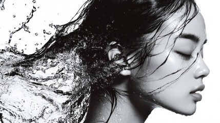 Canvas Print - A striking black-and-white portrait of a woman with flowing water, symbolizing beauty and fluidity.