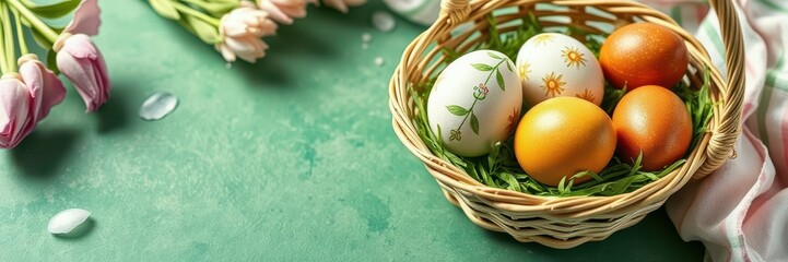 Wall Mural - Colorful Easter eggs in a woven basket surrounded by tulips on a vibrant green surface