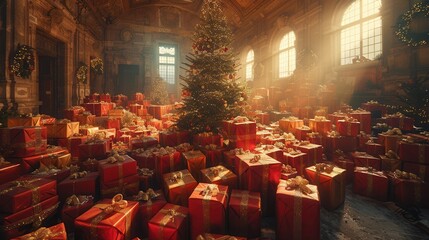 Wall Mural - Celebration of joy as a grand hall fills with festive gifts beneath a sparkling Christmas tree. Generative AI