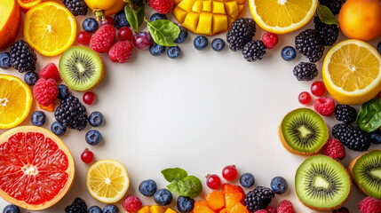 Wall Mural - Vibrant assortment of fresh fruits with oranges, berries, and kiwi surrounding blank space