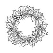 © DLC Studio - A simple line drawing of a wreath graphic, with Holly and Berries , black and white vector illustration