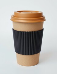 Wall Mural - Warm coffee cup with a brown lid and black sleeve on a plain background for a cozy beverage experience