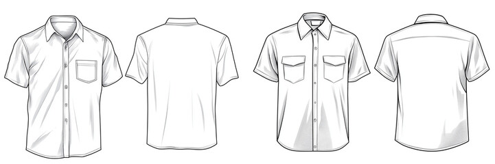 Set of white line drawing of two shirt designs, one front and back view, isolated on transparent background. 