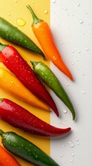 Wall Mural - Colorful assortment of fresh peppers on a vibrant background with water droplets