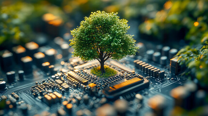 Wall Mural - tree growing from circuit board - symbol of technology and nature integration