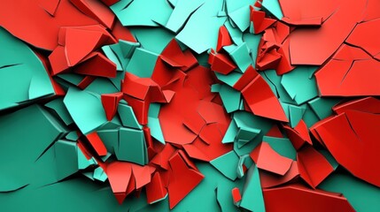 Wall Mural - Abstract image of fragmented surfaces in red and teal colors, showcasing texture and depth.