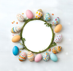 Top view easter eggs wreath on light background.  For design, banner, poster, menu, print, poster, etsy, postcard, linkedin, presentation. Copy space for text