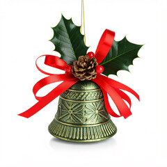 Wall Mural - A festive green bell with a red bow, holly leaves, berries, and a pine cone