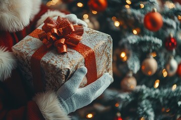 Close up shot of senior bearded man in santa clause outfit carrying gift boxes