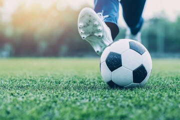 Wall Mural - Player strikes soccer ball during practice on a sunny day at the field