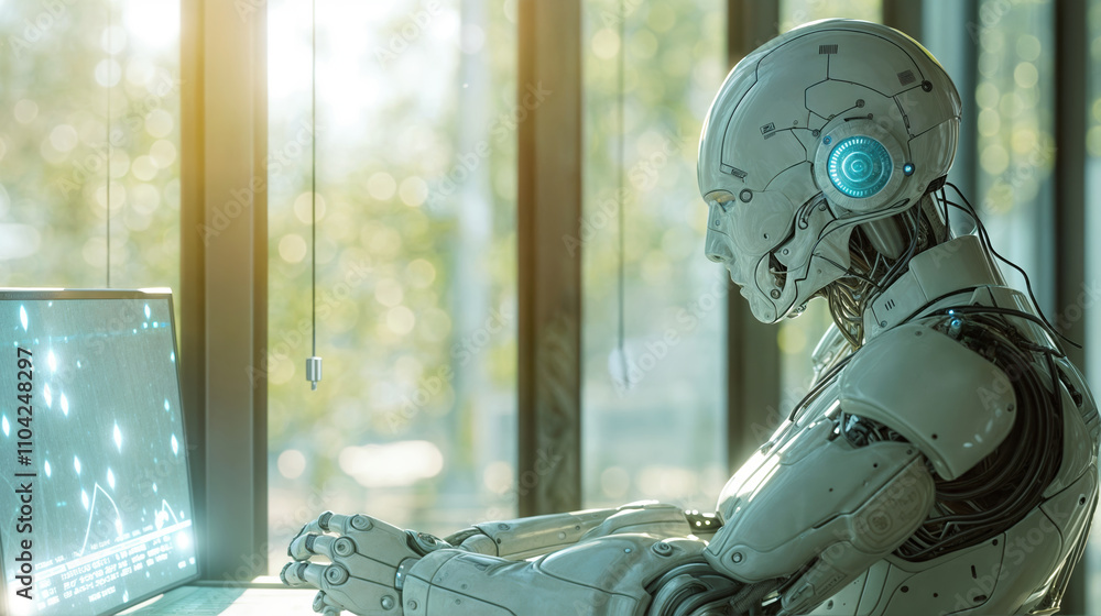 Futuristic Humanoid Robot Working at Computer Screen in Sunlit Office ...