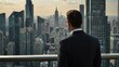 © claudunia - Back view of a businessman looking at the city skyline from a high building.