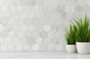 Poster - Green leaves on a white hexagonal tile background highlighting natural decor elements