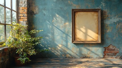 Wall Mural - Empty frame on grunge wall, sunlight, plant.