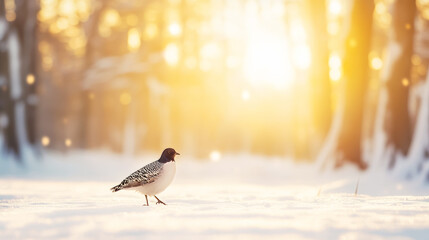 Wall Mural - hazel grouse strolling in a snowy winter forest with a cozy sunset glow in the background