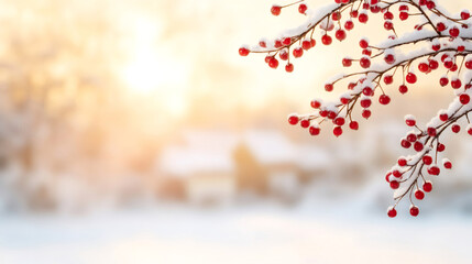Wall Mural - red berries on a snow-covered branch at a stunning winter sunset, evoking a peaceful and festive amb